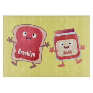 Funny bread and jam cartoon characters cutting board