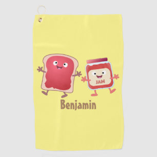 Funny bread and jam cartoon characters golf towel