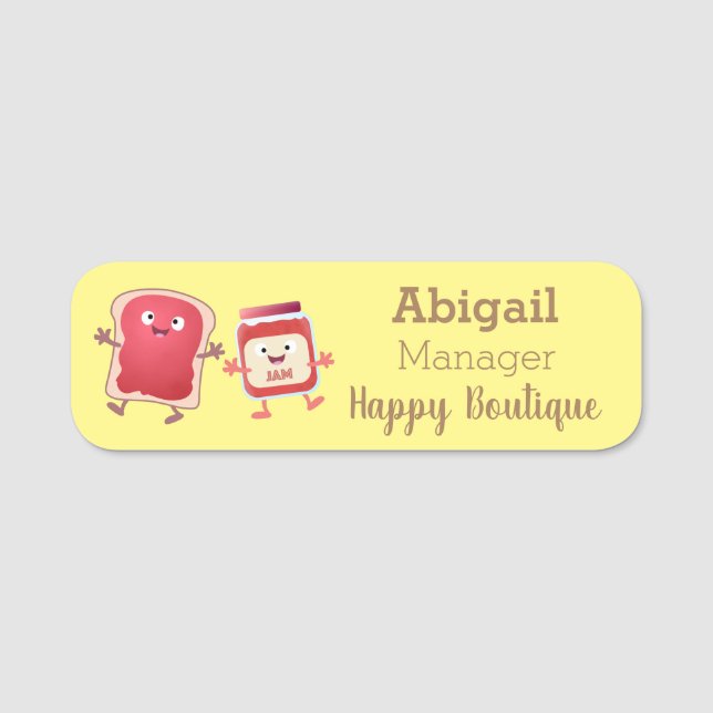 Funny bread and jam cartoon characters name tag (Front)