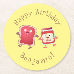Funny bread and jam cartoon characters round paper coaster