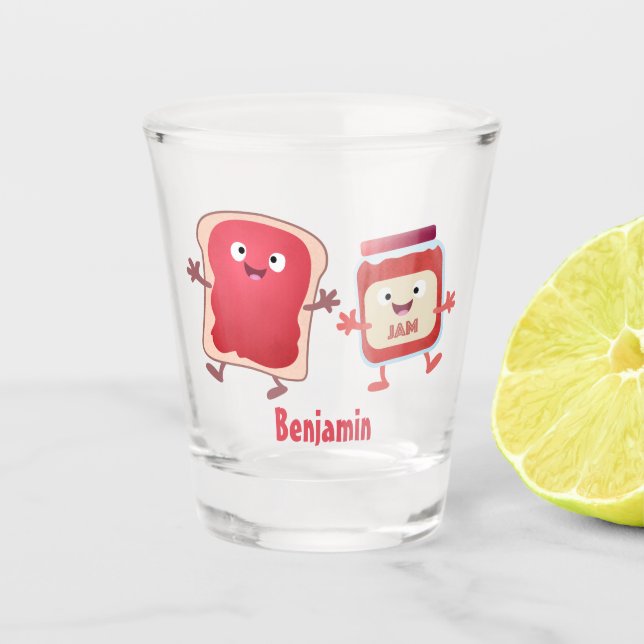 Funny bread and jam cartoon characters shot glass (Front)