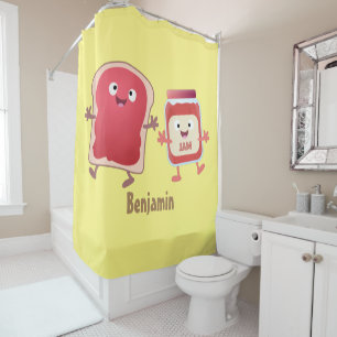 Funny bread and jam cartoon characters shower curtain
