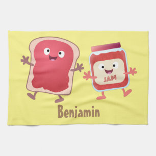 Funny bread and jam cartoon characters  tea towel