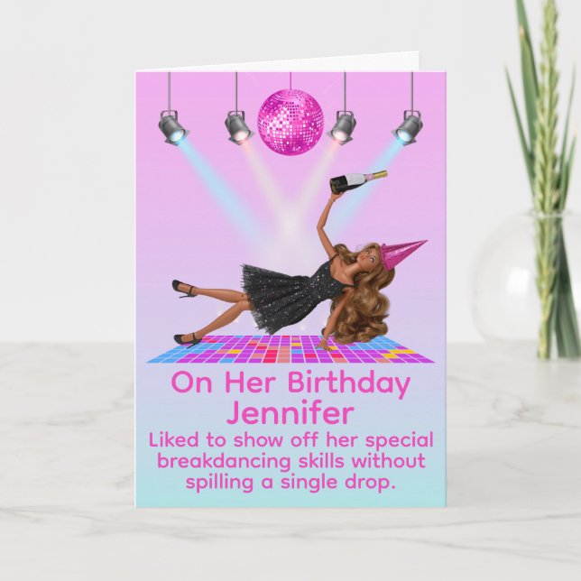 Funny Breakdancing Disco Doll Birthday Card (Front)