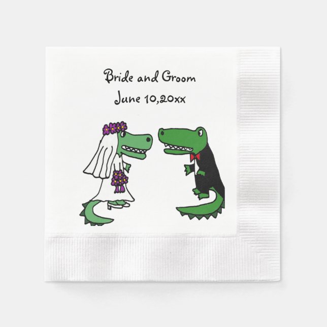 Funny Bride and Groom Alligator Wedding Art Napkin (Front)