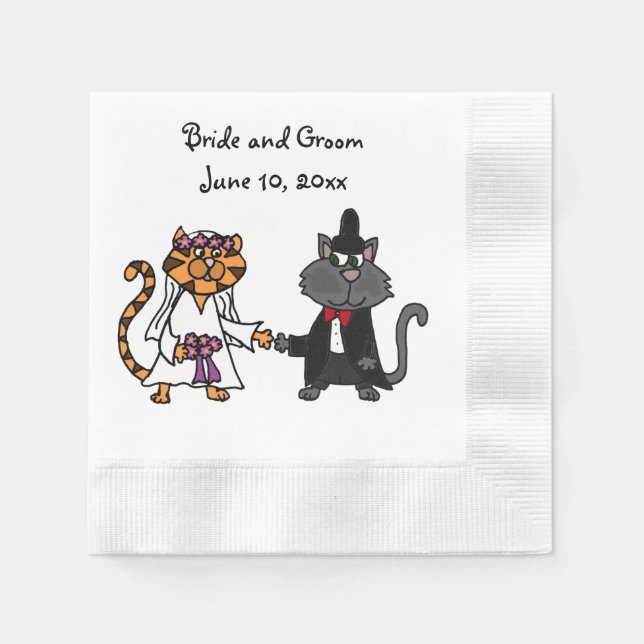 Funny bride and groom Cat Wedding Art Napkin (Front)
