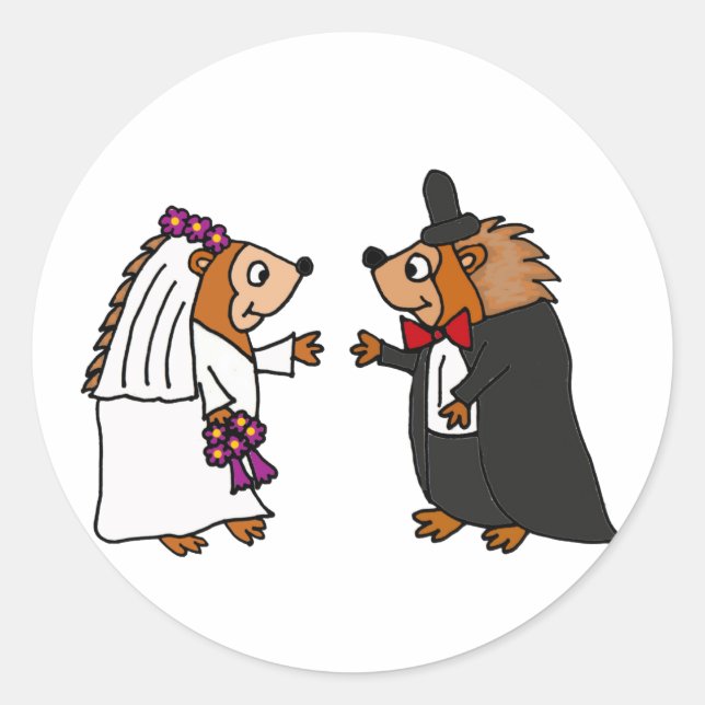 Funny Bride and Groom Hedgehog Wedding Art Classic Round Sticker (Front)