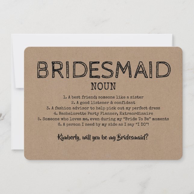 Funny Bridesmaid Noun Dictionary Proposal Invitation (Front)