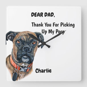Funny Brindle Boxer Dog Dad Watercolor Canine Art Square Wall Clock
