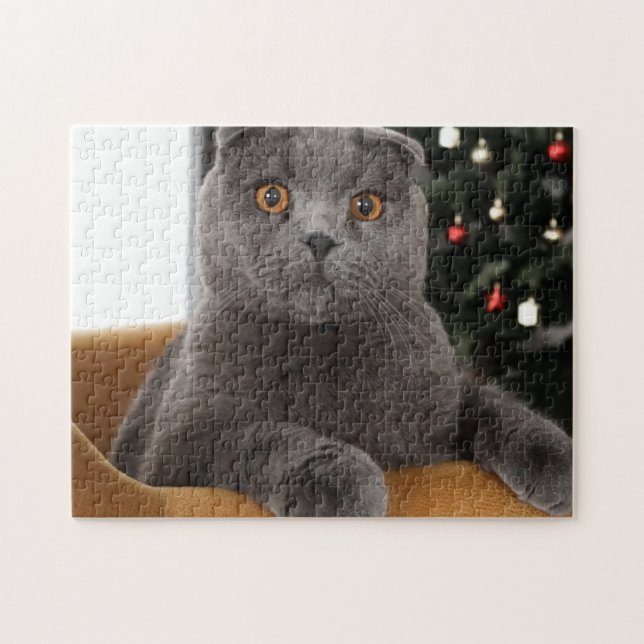 Funny British cat and christmas tree Jigsaw Puzzle (Horizontal)