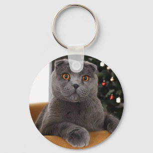 Funny British cat and christmas tree Key Ring