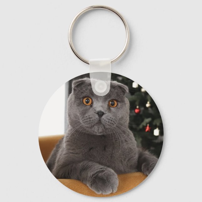 Funny British cat and christmas tree Key Ring (Front)