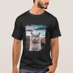 Funny British Shorthair Cat Selfie with Alien UFOs T-Shirt