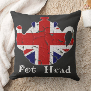 Funny British Teapot Pot Head Distressed Cushion