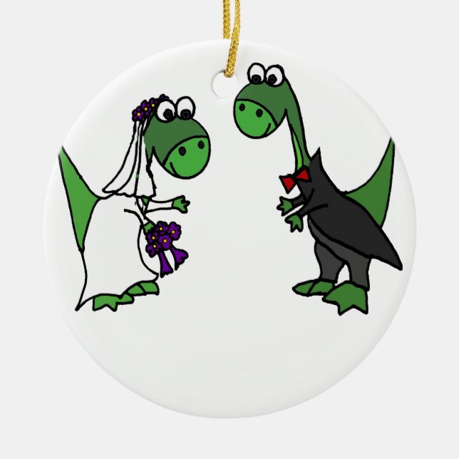 Funny Brontosaurus Wedding Art Ceramic Tree Decoration (Front)