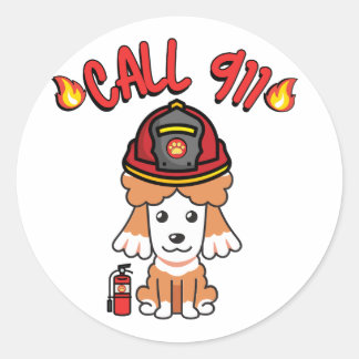 Funny Brown dog is a firefighter  Classic Round Sticker