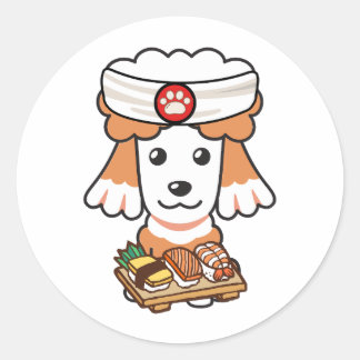 Funny brown dog is a sushi chef classic round sticker