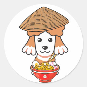 Funny Brown dog is eating noodles Classic Round Sticker