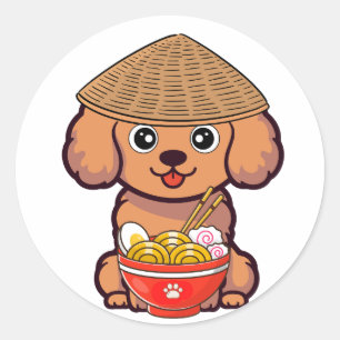 Funny brown dog is eating noodles classic round sticker