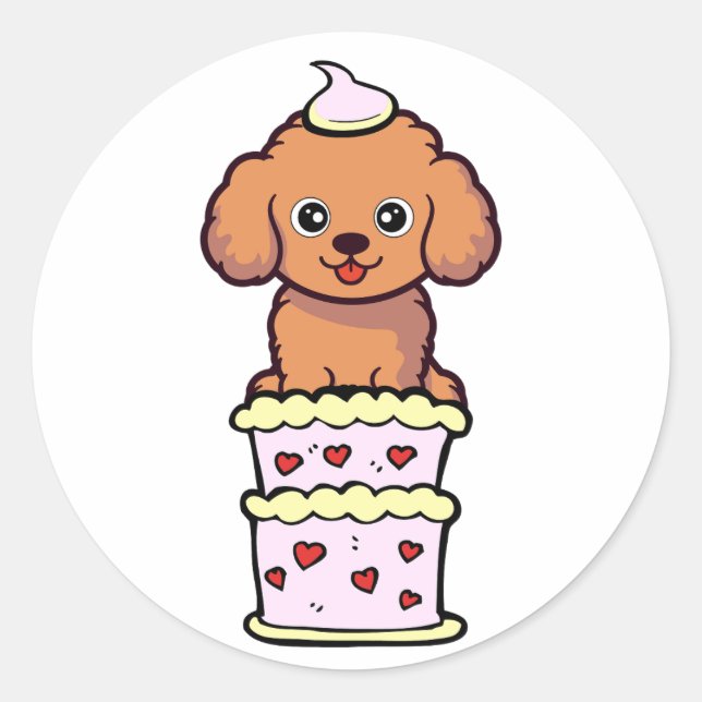 Funny brown dog jumping out of a cake classic round sticker (Front)