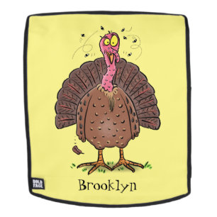 Funny brown farmyard turkey with flies cartoon backpack
