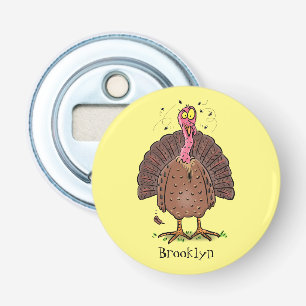 Funny brown farmyard turkey with flies cartoon bottle opener