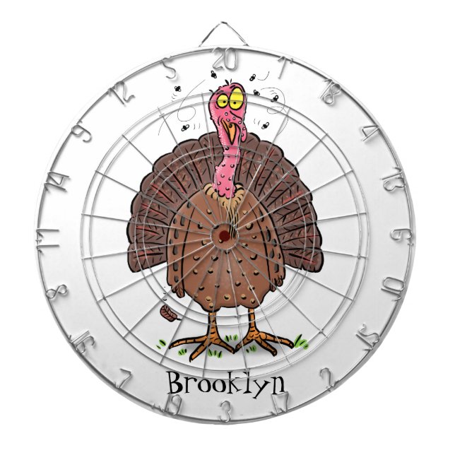Funny brown farmyard turkey with flies cartoon dartboard (Front)