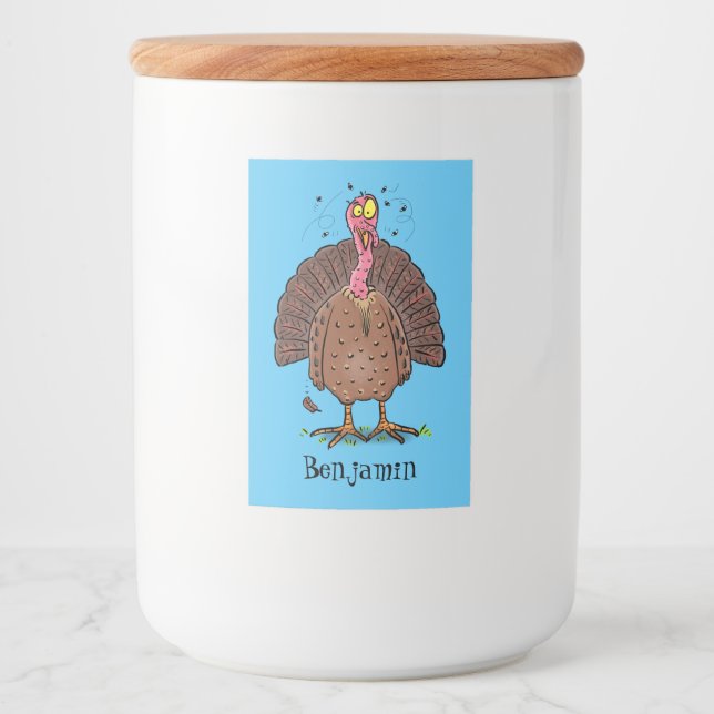 Funny brown farmyard turkey with flies cartoon food label (Front)
