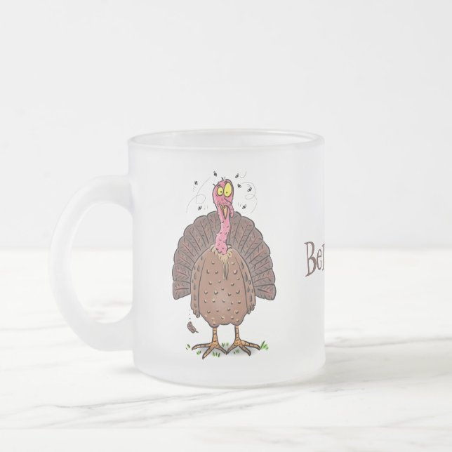 Funny brown farmyard turkey with flies cartoon frosted glass coffee mug (Left)