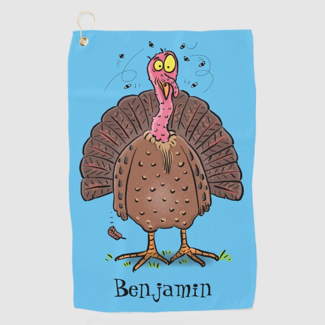 Funny brown farmyard turkey with flies cartoon golf towel (Front)