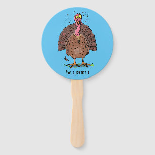 Funny brown farmyard turkey with flies cartoon hand fan