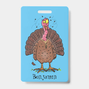 Funny brown farmyard turkey with flies cartoon ID badge