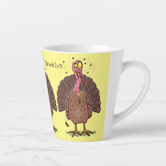 Funny brown farmyard turkey with flies cartoon latte mug (Right)