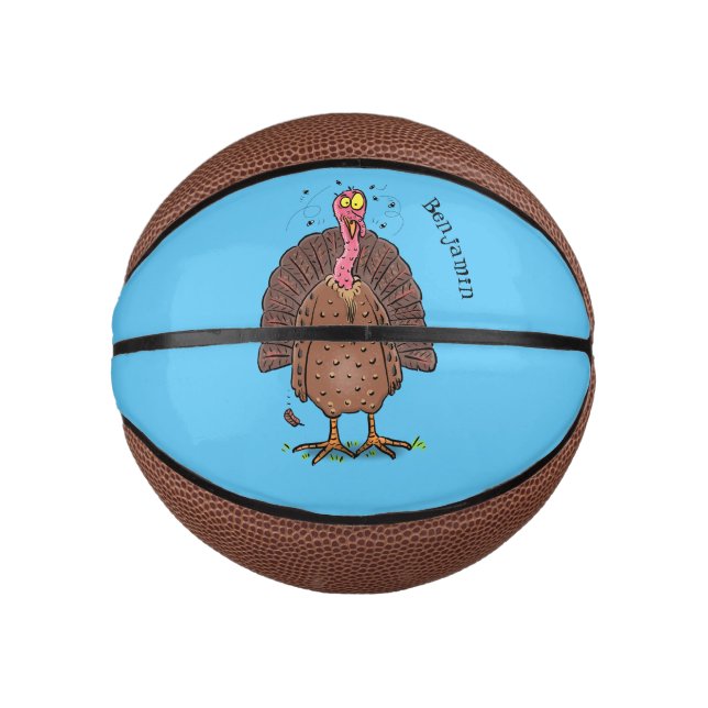 Funny brown farmyard turkey with flies cartoon mini basketball (Front)