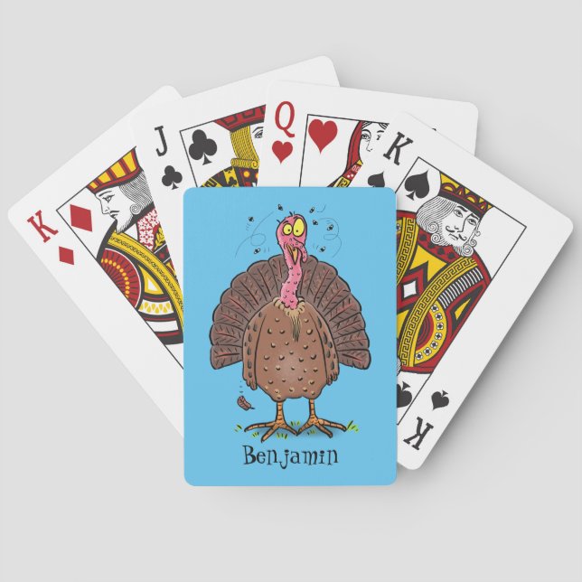 Funny brown farmyard turkey with flies cartoon playing cards (Back)
