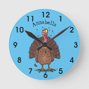 Funny brown farmyard turkey with flies cartoon round clock
