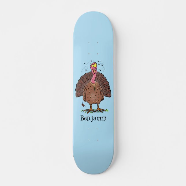 Funny brown farmyard turkey with flies cartoon skateboard (Front)