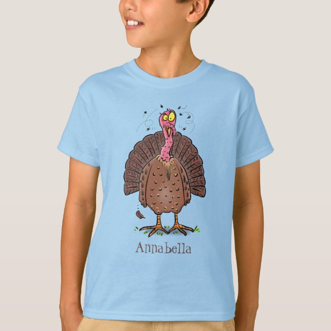 Funny brown farmyard turkey with flies cartoon T-Shirt (Front)