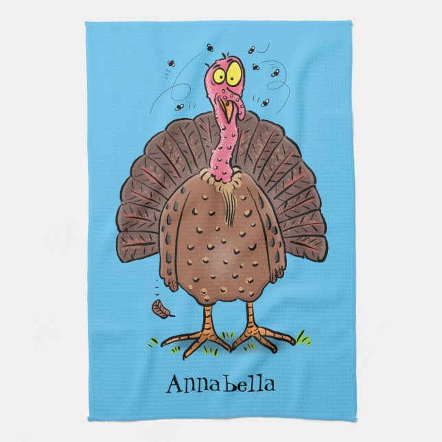 Funny brown farmyard turkey with flies cartoon tea towel (Vertical)