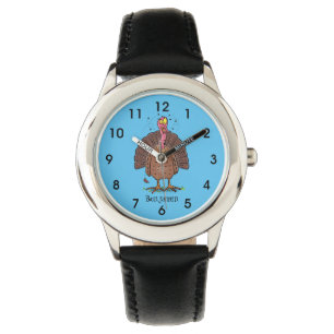 Funny brown farmyard turkey with flies cartoon watch