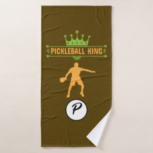 Funny Brown Green Orange Monogram Pickleball King Bath Towel