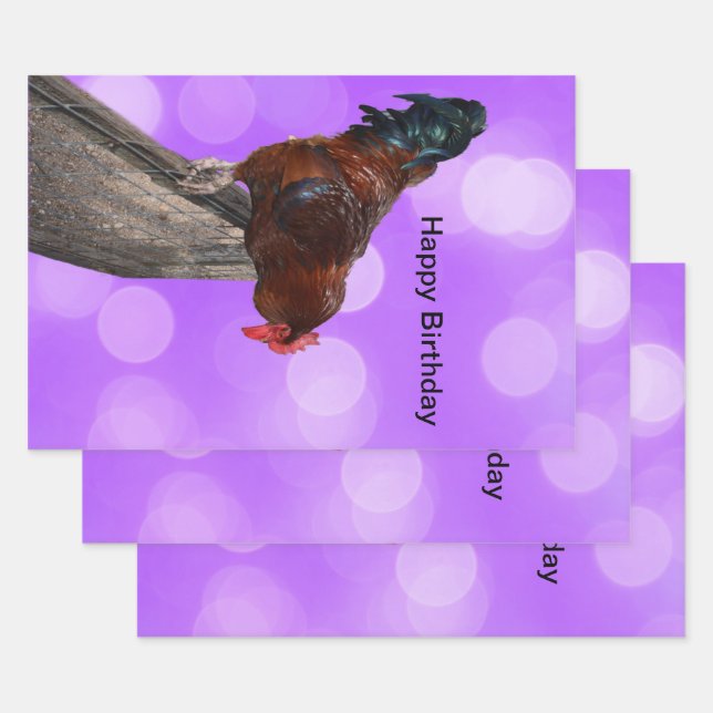 Funny Brown Rooster On A Fence Wrapping Paper Sheet (Set)
