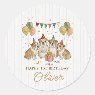 Funny Brown Watercolor Bulldogs Birthday Classic Round Sticker