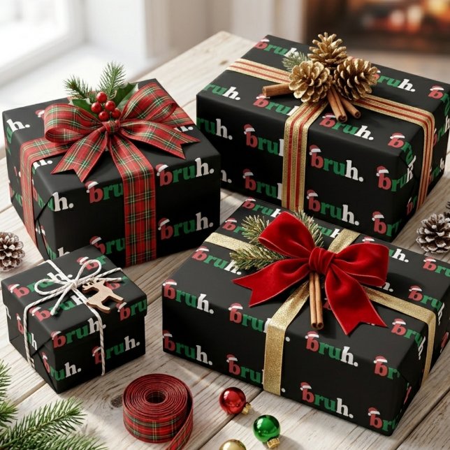 Funny Bruh Christmas Santa Hat Typography Wrapping Paper (Creator Uploaded)