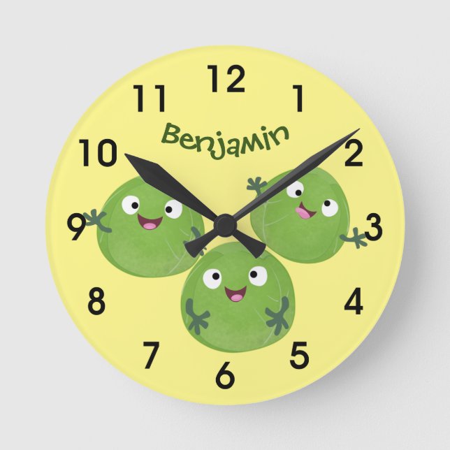 Funny Brussels sprouts vegetables cartoon Round Cl Clock (Front)