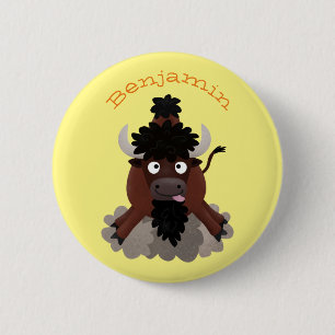 Funny buffalo bison cartoon illustration 6 cm round badge