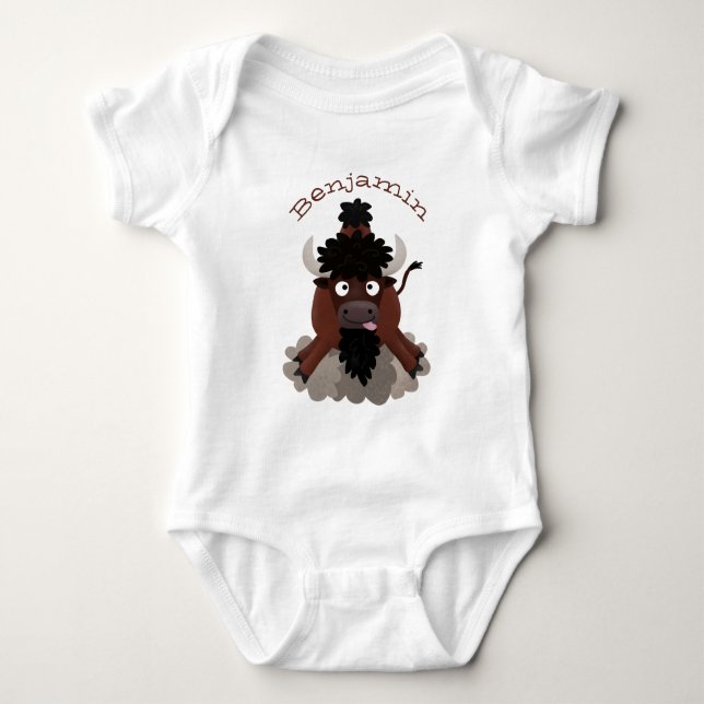 Funny buffalo bison cartoon illustration baby bodysuit (Front)