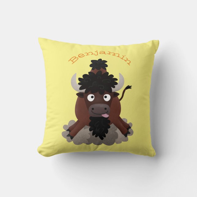 Funny buffalo bison cartoon illustration cushion (Front)