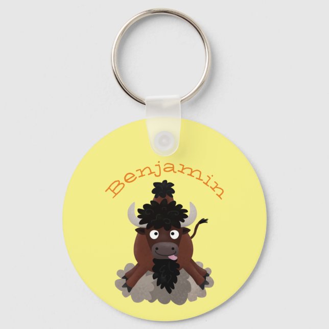 Funny buffalo bison cartoon illustration key ring (Front)