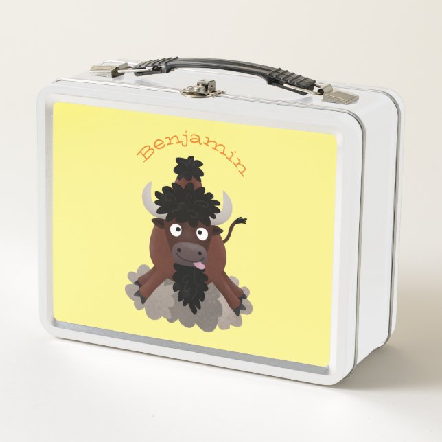 Funny buffalo bison cartoon illustration metal lunch box (Front)
